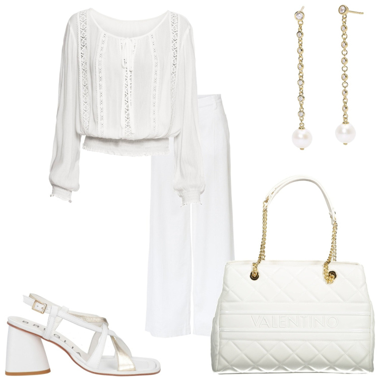 Outfit donna - In bianco totale. Stile Glamour per Tutti i giorni. Abbinamento con pantaloni a palazzo, bluse, sandali in pelle, orecchini, borse a spalla.