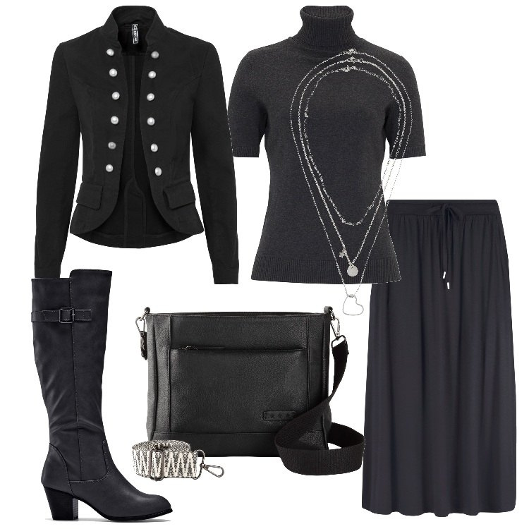 Outfit donna - Bonprix - Autumn favourites. Stile Casual chic per Serata fuori. Abbinamento con gonne, stivali, borse a tracolla, collane, blazer, maglieria.