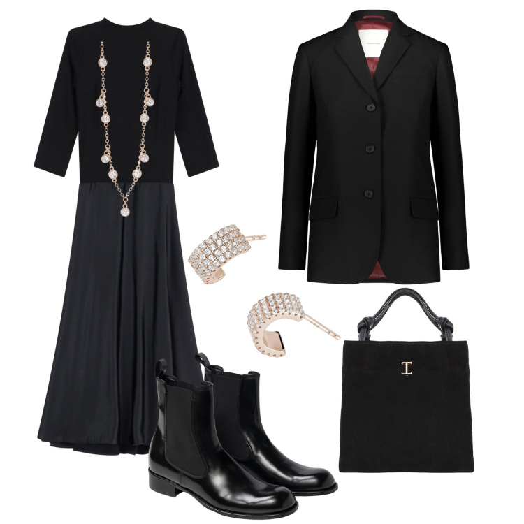 Outfit donna - Mannish con il vestito !. Stile Trendy per Ufficio. Abbinamento con collane, orecchini, vestiti lunghi, shopping bag, blazer, stivaletti chelsea.