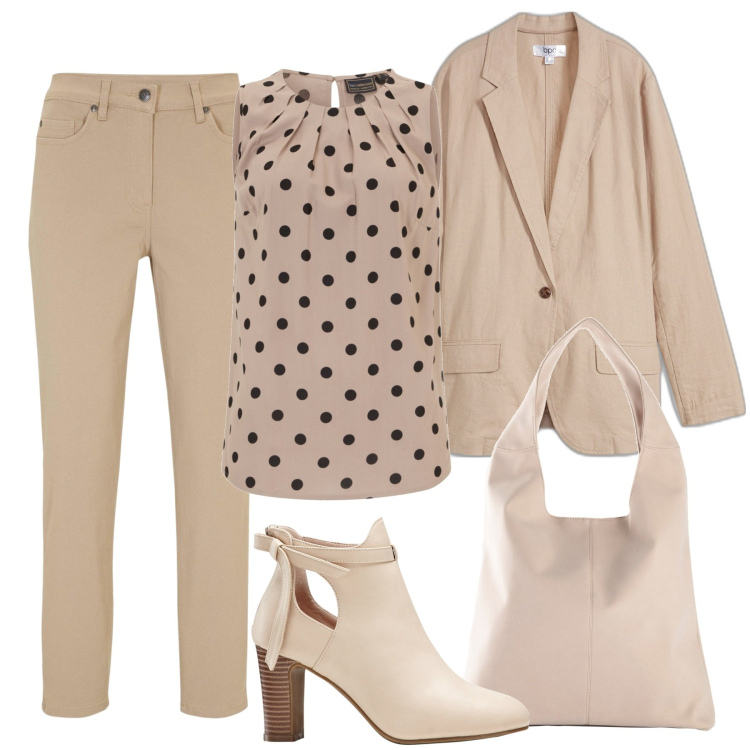 Outfit donna - Blusa a pois. Stile Casual chic per Tutti i giorni. Abbinamento con top, stivaletti, pantaloni, blazer, shopping bag.