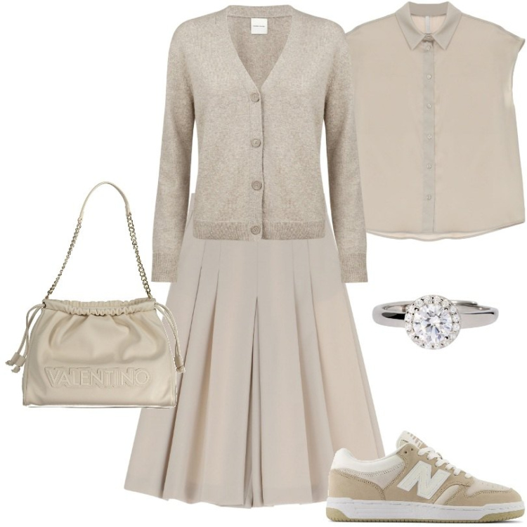 Outfit donna - In ufficio con le sneakers. Stile Minimal per Scuola/Università. Abbinamento con anelli, sneakers, pantaloni, camicie a manica corta, cardigans, borse a spalla.