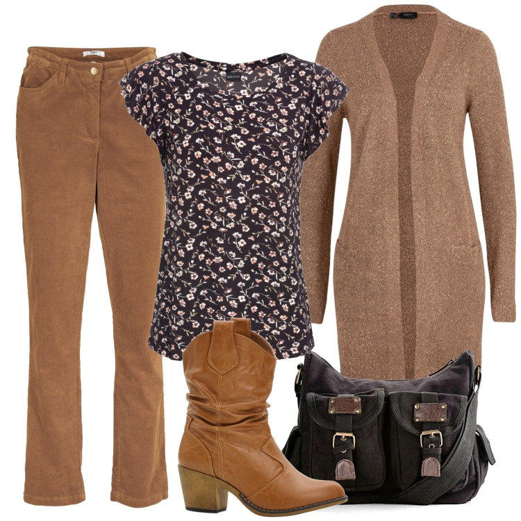 Outfit donna - Terra bruciata. Stile Basic per Tutti i giorni. Abbinamento con pantaloni, maglieria, stivaletti texani, cardigans, borse a tracolla.
