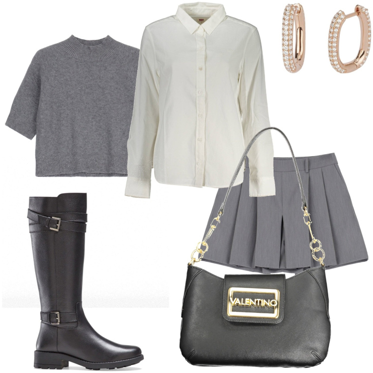 Outfit donna - Minigonna e maglioncino. Stile Casual chic per Tutti i giorni. Abbinamento con stivali, orecchini, maglieria, gonne, borse a spalla, camicie.