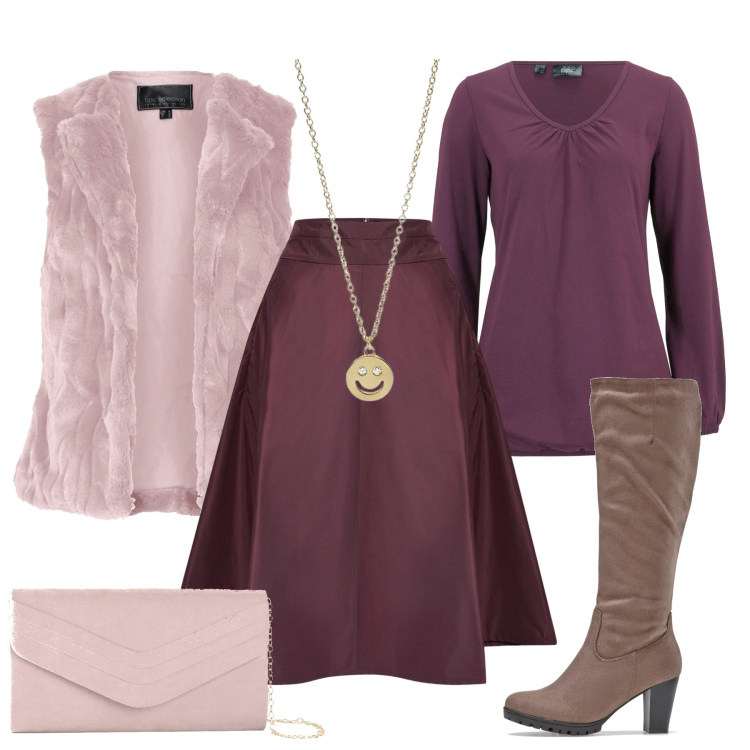 Outfit donna - Trend di stagione. Stile Chic per Tutti i giorni. Abbinamento con maglieria, gilet, pochette, stivali, collane, gonne.