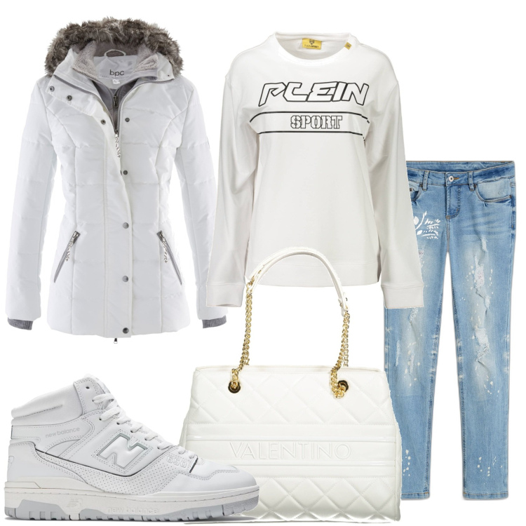 Outfit donna - La bianca giornata. Stile Casual per Tutti i giorni. Abbinamento con piumini, jeans strappati, sneakers, felpe, borse a spalla.