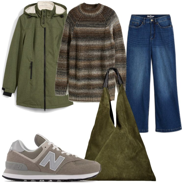 Outfit donna - Freddo mi vesto di verde. Stile Trendy per Tutti i giorni. Abbinamento con blazer, jeans, maglieria, sneakers, borse a spalla.