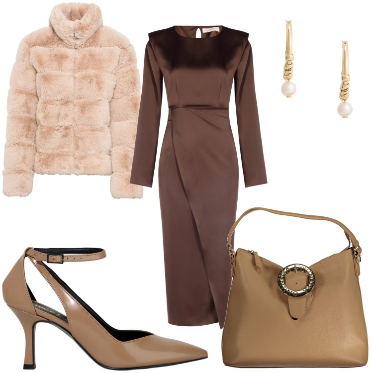 Outfit donna - Elegante con il marrone. Stile Glamour per Serata fuori. Abbinamento con ecopellicce, décolleté, vestiti midi/longuette, orecchini, borse a spalla.