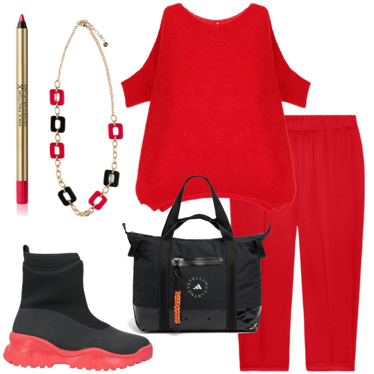 Outfit donna - Total look #1969962. Stile Casual chic per Tutti i giorni. Abbinamento con stivaletti, matite labbra, pullovers, pantaloni, shopping bag, ciondoli.