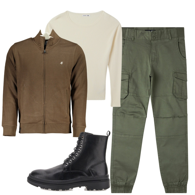 Outfit uomo - Cargo verde. Stile Urban per Tutti i giorni. Abbinamento con pantaloni cargo, maglieria, anfibi, felpe.