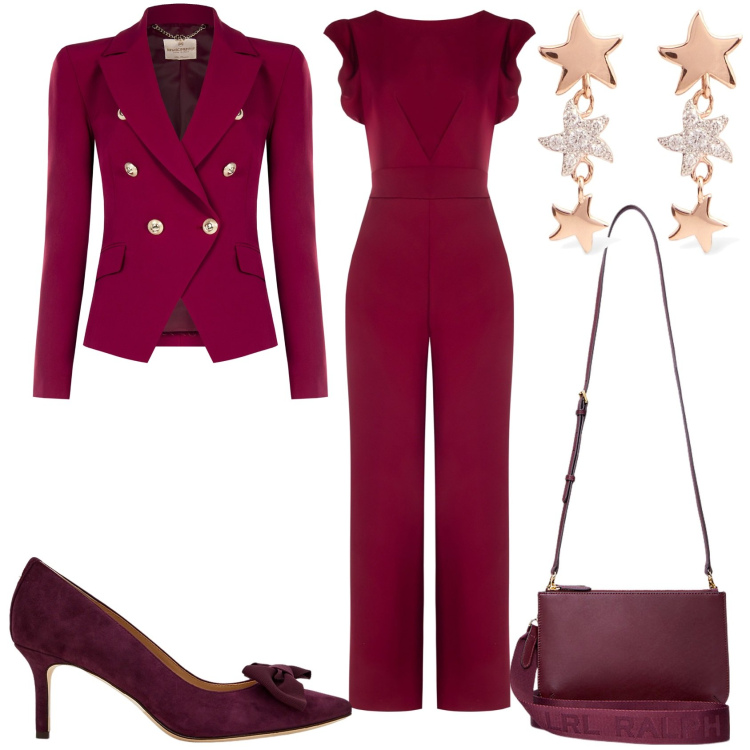 Outfit donna - Tuta Bordeaux per la serata. Stile Chic per Serata fuori. Abbinamento con tute, blazer, borse a tracolla, décolleté, orecchini.