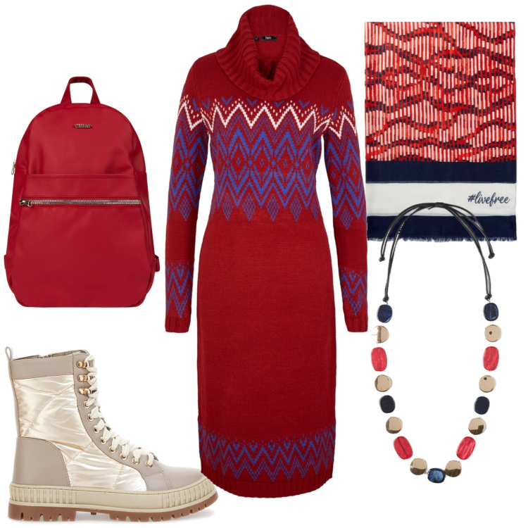 Outfit donna - Total look #1969969. Stile Casual per Tutti i giorni. Abbinamento con vestiti midi/longuette, zaini, stivaletti, sciarpe, collane.