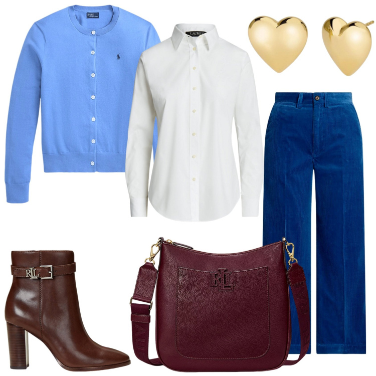 Outfit donna - Vieni con noi per un aperitivo. Stile Trendy per Tutti i giorni. Abbinamento con orecchini, camicie, cardigans, stivaletti, borse a tracolla, pantaloni.