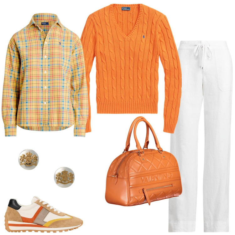 Outfit donna - Arancione per scaldare l\'autunno. Stile Sporty chic per Tutti i giorni. Abbinamento con orecchini, pantaloni, sneakers, maglieria, camicie, collane.