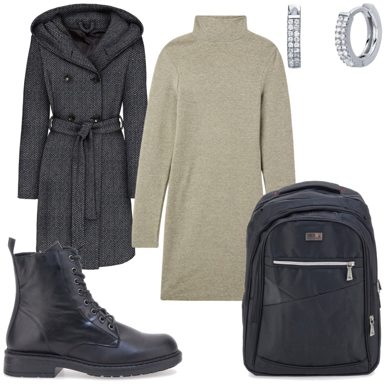 Outfit donna - Vestito da città. Stile Casual per Tutti i giorni. Abbinamento con cappotti, orecchini, vestiti corti, zaini, anfibi.