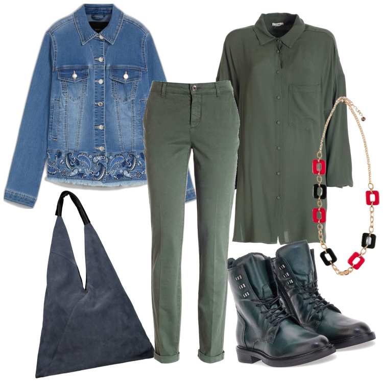 Outfit donna - Verde & blue. Stile Casual chic per Tutti i giorni. Abbinamento con blazer, pantaloni, camicie, anfibi, ciondoli, borse a spalla.