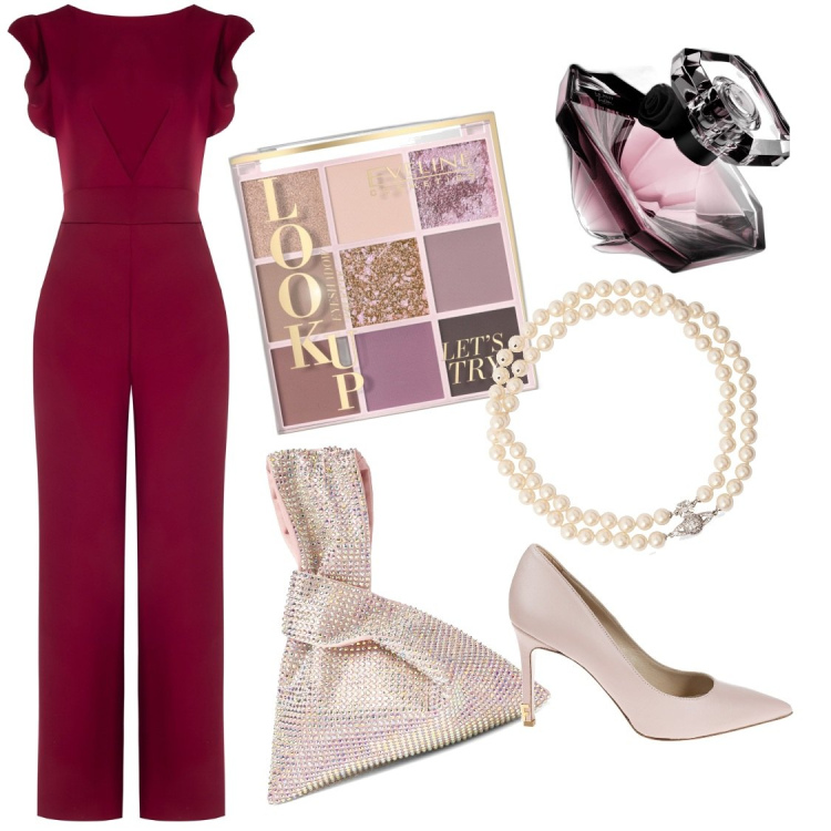 Outfit donna - Tuta bordeaux con rouches. Stile Chic per Serata fuori. Abbinamento con ombretti, profumi, tute, décolleté, collane, borse a mano.