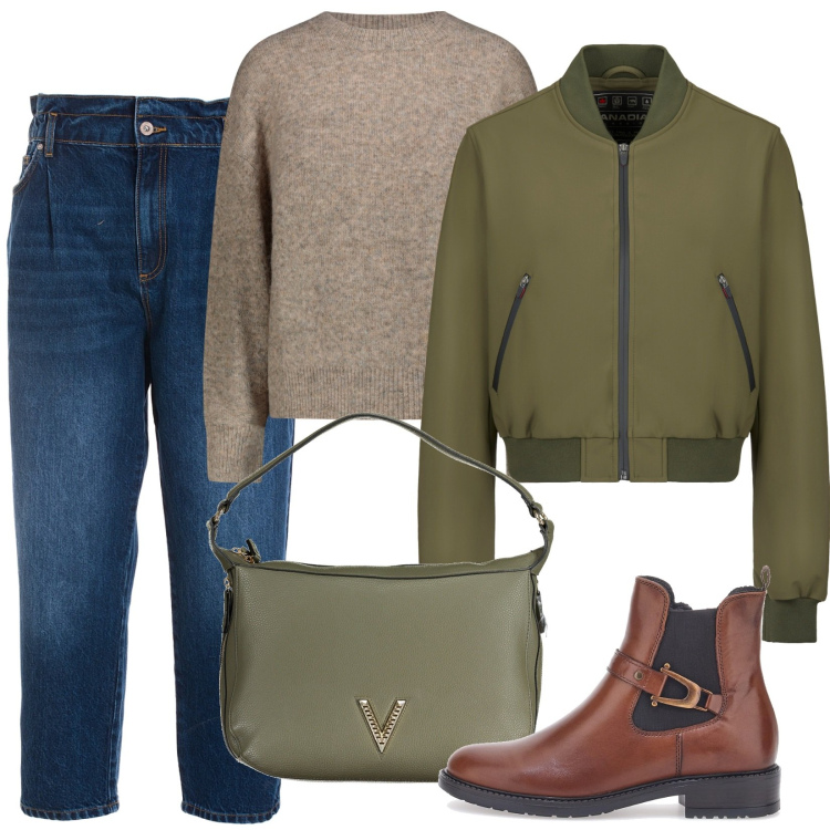 Outfit donna - Semplicemente maschile. Stile Mannish per Tutti i giorni. Abbinamento con jeans, bomber, maglieria, stivaletti, borse a spalla.