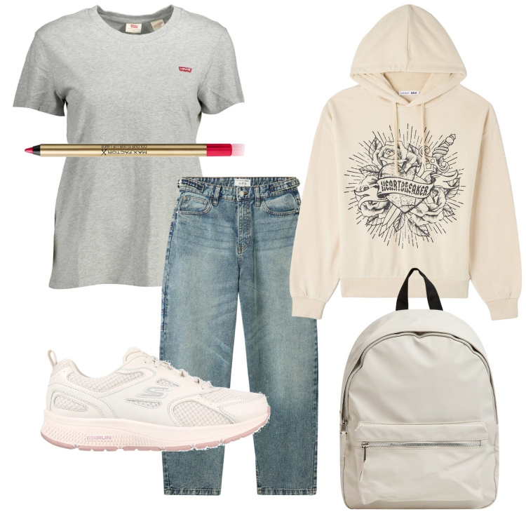 Outfit donna - Total look #1970047. Stile Casual per Tutti i giorni. Abbinamento con matite labbra, felpe con cappuccio, jeans, zaini, sneakers, t-shirt.