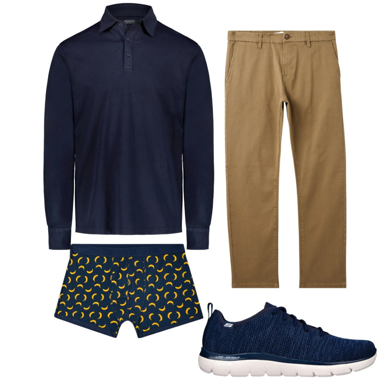 Outfit uomo - Polo. Stile Trendy per Tutti i giorni. Abbinamento con boxer, pantaloni chino, polo, sneakers.