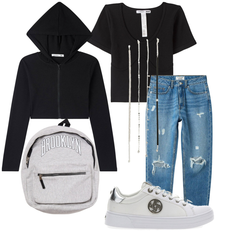 Outfit donna - Teen. Stile Urban per Tutti i giorni. Abbinamento con cardigans, t-shirt, borse sportive, jeans mom, collane, sneakers.