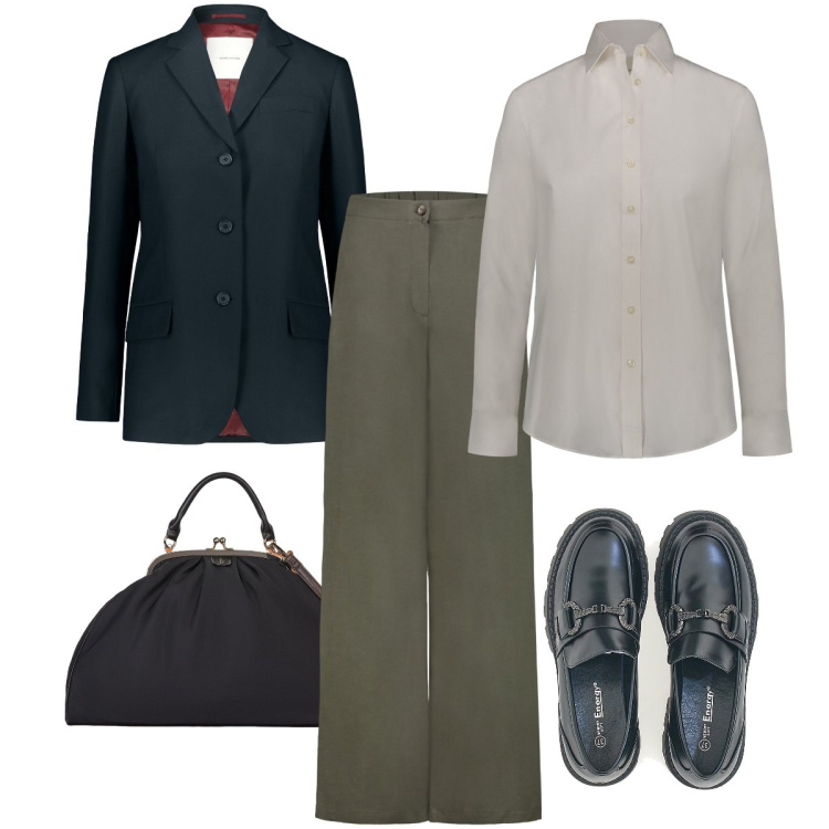 Outfit donna - Color verde oliva. Stile Mannish per Ufficio. Abbinamento con mocassini, pantaloni, blazer, borse a tracolla, camicie.