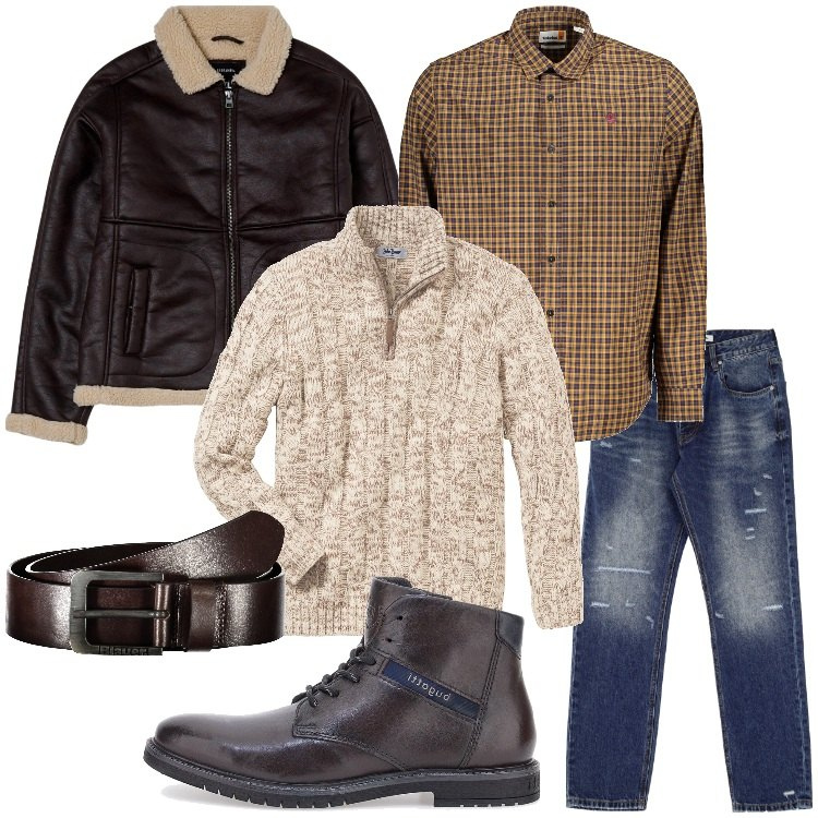 Outfit uomo - Layering strategico. Stile Casual per Tutti i giorni. Abbinamento con maglieria, giacche, jeans dritti, stivali e stivaletti, cinture, camicie.