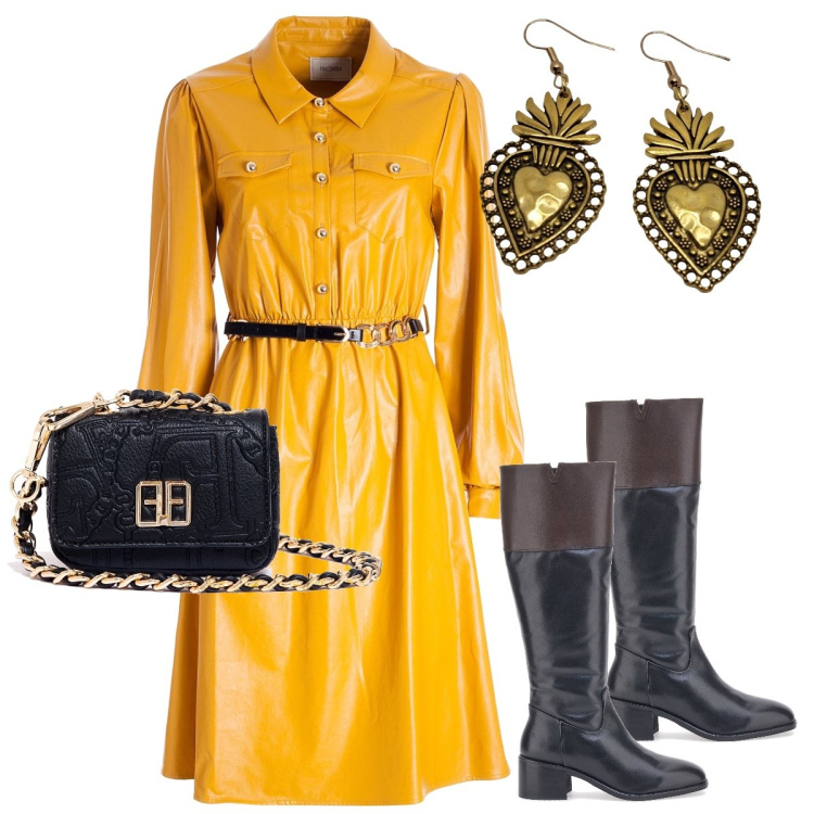 Outfit donna - Arancio mostarda. Stile Trendy per Tutti i giorni. Abbinamento con vestiti chemisier, marsupi, stivali, orecchini.