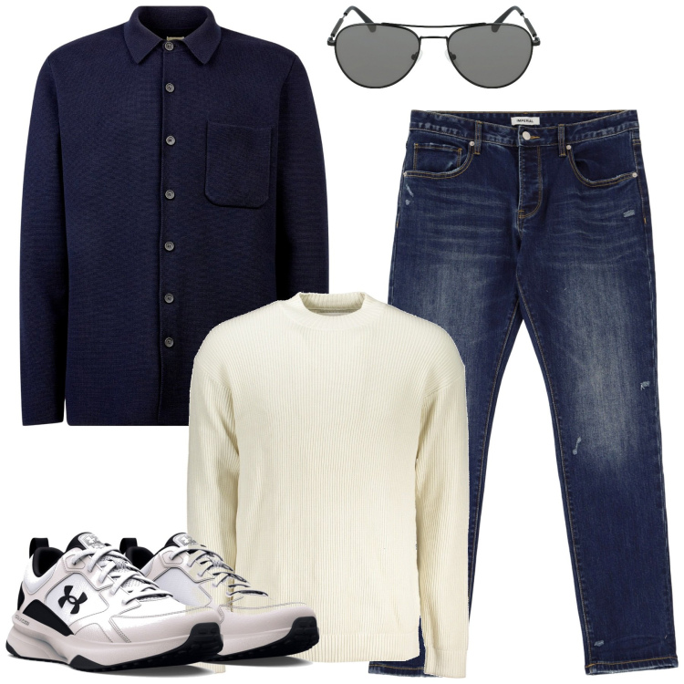 Outfit uomo - City. Stile Casual per Tutti i giorni. Abbinamento con jeans slim fit, sneakers, maglieria, cappotti, occhiali da sole.
