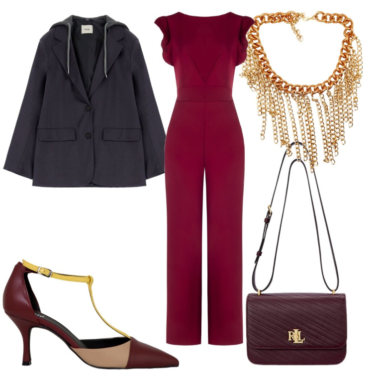 Outfit donna - Autunno in saldo? Si, con la tuta. Stile Trendy per Serata fuori. Abbinamento con décolleté, blazer, tute, borse a spalla, collane.