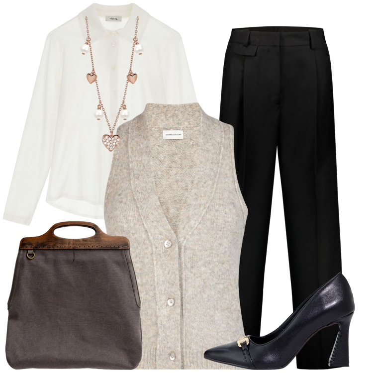Outfit donna - In ufficio. Stile Minimal per Ufficio. Abbinamento con collane, stivaletti, camicie, borse a tracolla, maglieria, pantaloni.