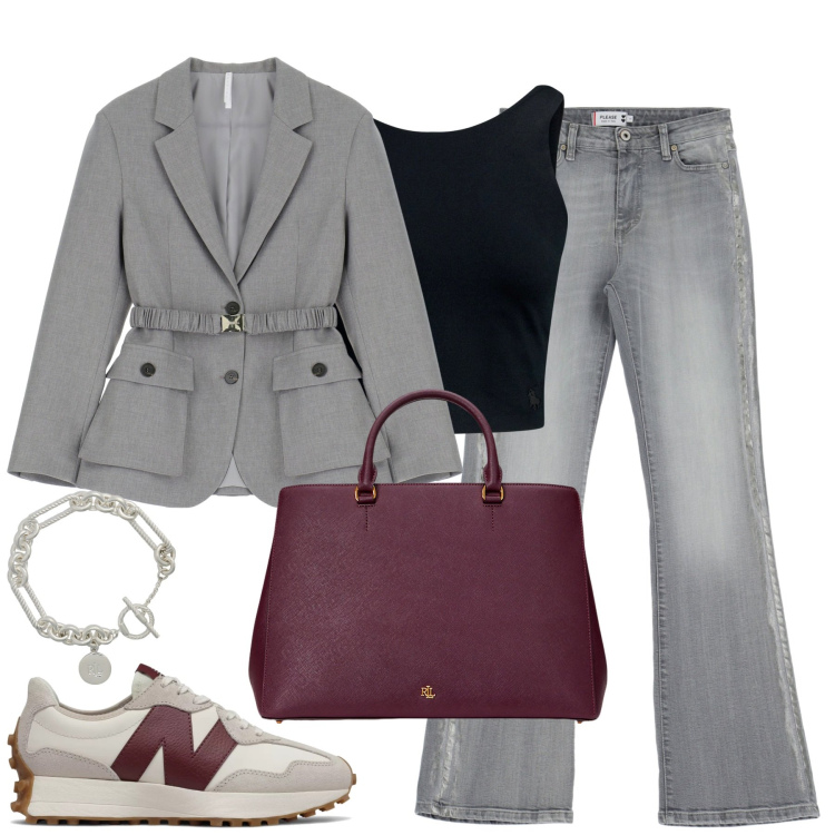 Outfit donna - City. Stile Casual chic per Tutti i giorni. Abbinamento con sneakers, jeans a zampa, blazer, borse a mano, braccialetti, canottiere.