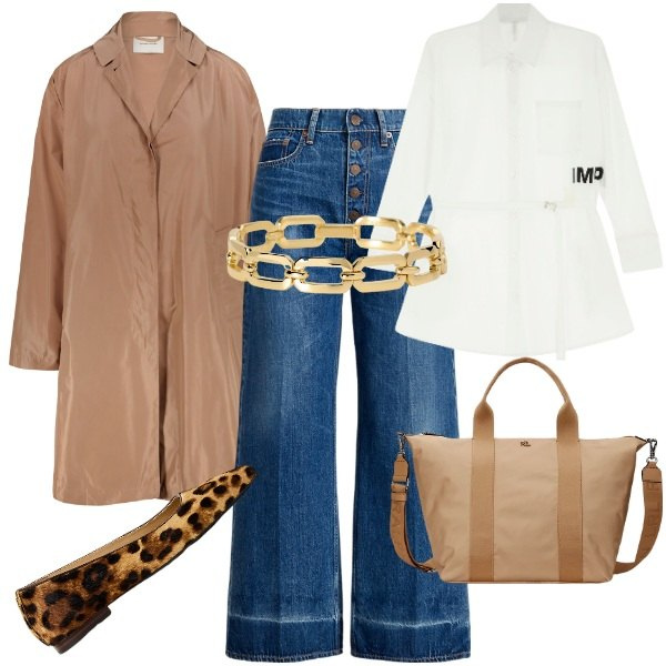 Outfit donna - Total look #1970165. Stile Casual chic per Ufficio. Abbinamento con braccialetti, camicie, jeans, ballerine, borse tote, trench.