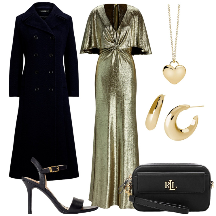 Outfit donna - Abito verde oliva per una serata special. Stile Glamour per Serata fuori. Abbinamento con orecchini, collane, sandali in pelle, pochette, vestiti, cappotti.