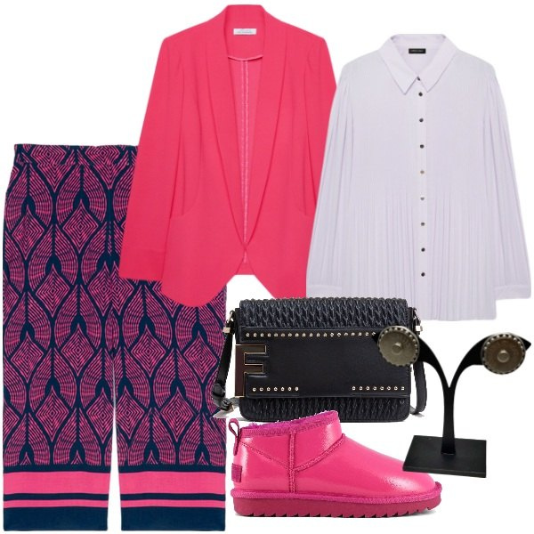 Outfit donna - Total look #1970176. Stile Casual chic per Ufficio. Abbinamento con blazer, camicie, pantaloni, borse a tracolla, stivali, orecchini.