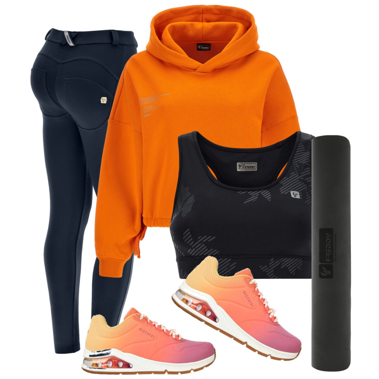 Outfit donna - Energia in palestra. Stile Casual per Sport. Abbinamento con pantaloni skinny, felpe con cappuccio, borse a spalla, reggiseni, sneakers.
