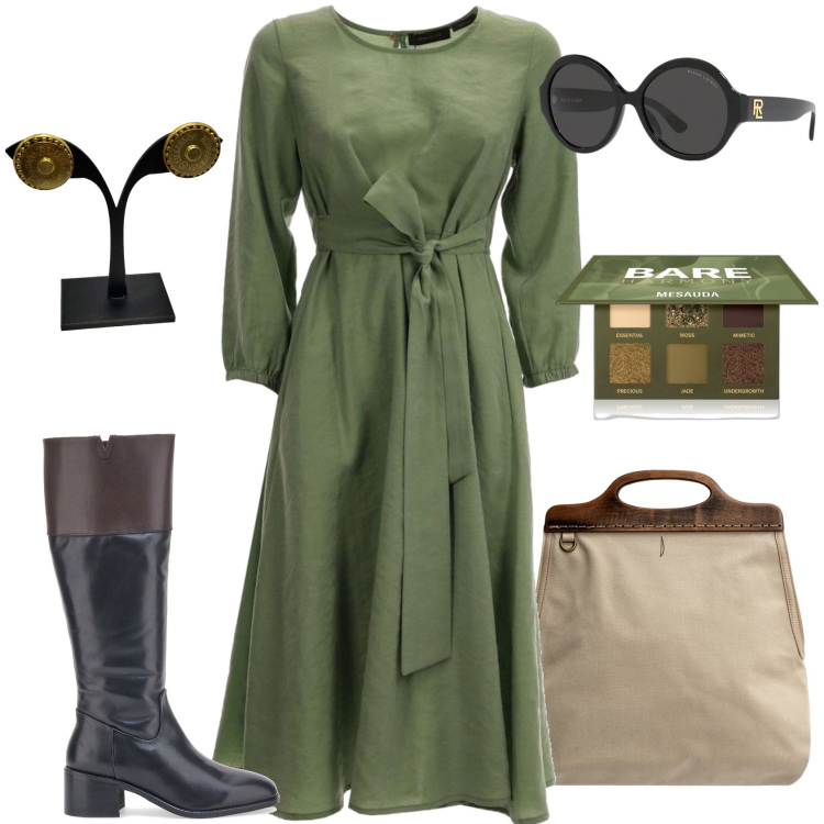 Outfit donna - Verde Oliva. Stile Casual chic per Ufficio. Abbinamento con ombretti, occhiali da sole, borse a tracolla, vestiti lunghi, stivali, orecchini.