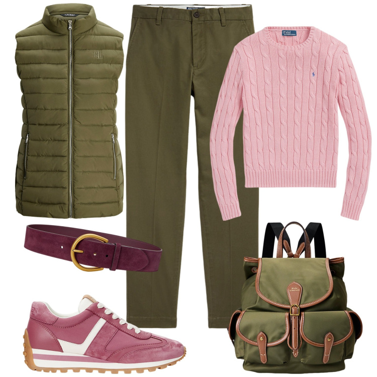 Outfit donna - Verde oliva in autunno. Stile Casual chic per Tutti i giorni. Abbinamento con pantaloni chino, sneakers, maglieria, piumini, zaini, cinture.