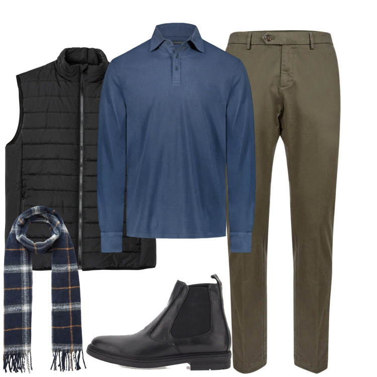 Outfit uomo - City. Stile Urban per Tutti i giorni. Abbinamento con gilet, sciarpe, pantaloni chino, polo, stivali e stivaletti.