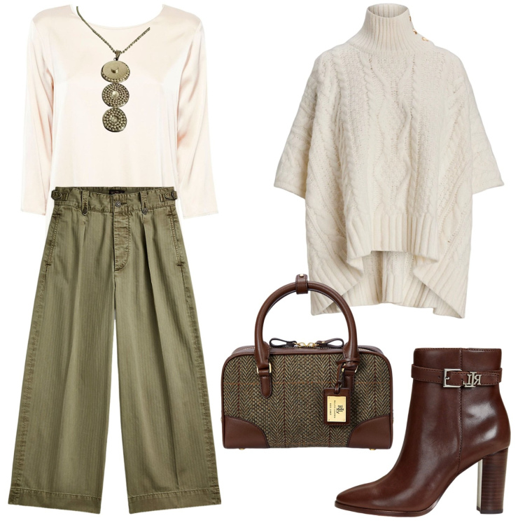 Outfit donna - Il pantalone largo. Stile Glamour per Tutti i giorni. Abbinamento con pantaloni, cappotti, stivaletti, borse a mano, collane, bluse.