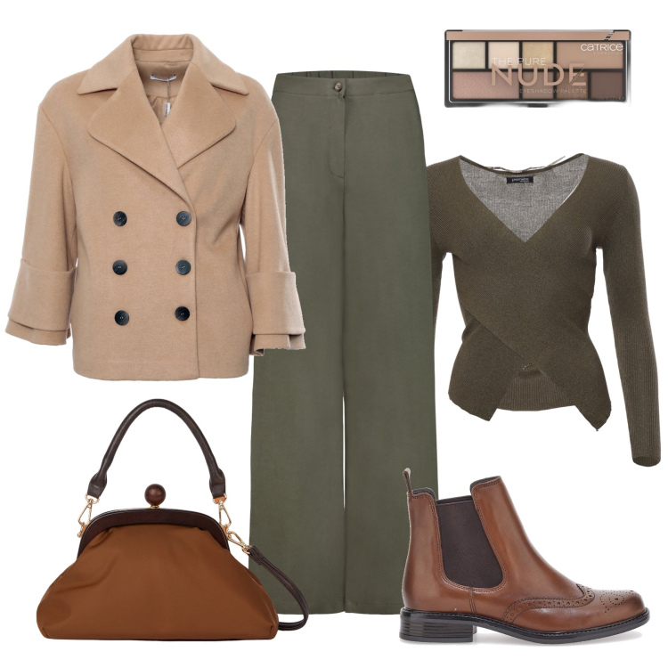 Outfit donna - L’autunno addosso. Stile Casual per Tutti i giorni. Abbinamento con ombretti, maglieria, cappotti, stivaletti chelsea, pantaloni, clutch.