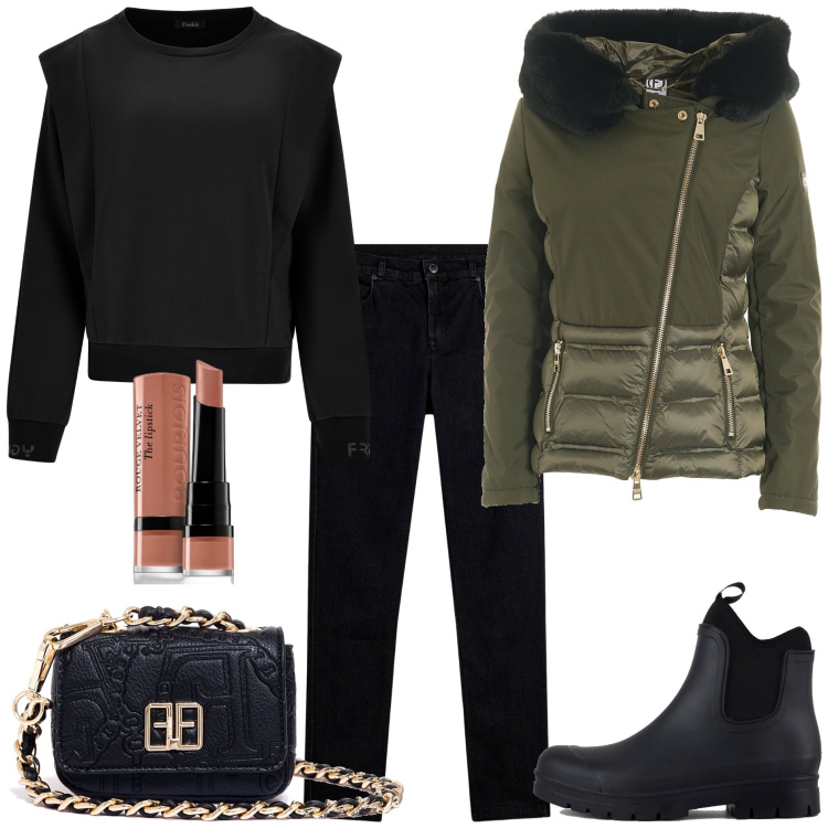 Outfit donna - Potrebbe piovere. Stile Trendy per Tutti i giorni. Abbinamento con rossetti, blazer, marsupi, jeans skinny, maglieria, stivali.