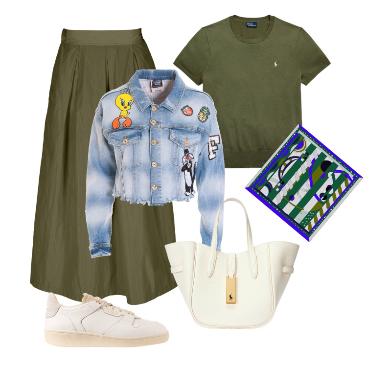 Outfit donna - Verde oliva. Stile Trendy per Tutti i giorni. Abbinamento con blazer, borse tote, maglieria, sneakers, gonne, foulard.