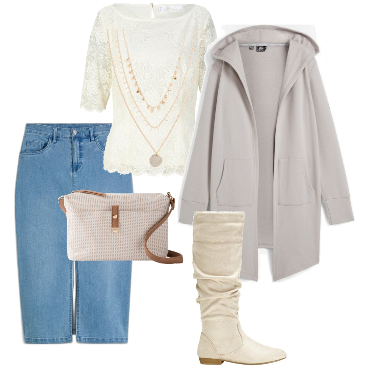 Outfit donna - Bonprix autunno. Stile Casual chic per Ufficio. Abbinamento con blazer, collane, bluse, gonne longuette, stivali, borse a tracolla.