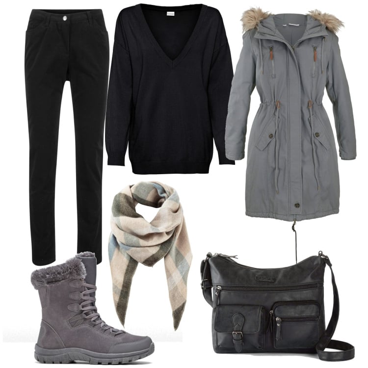 Outfit donna - Bonprix autunno inverno. Stile Basic per Tutti i giorni. Abbinamento con maglieria, pantaloni, sciarpe, borse a tracolla, stivaletti, parka.
