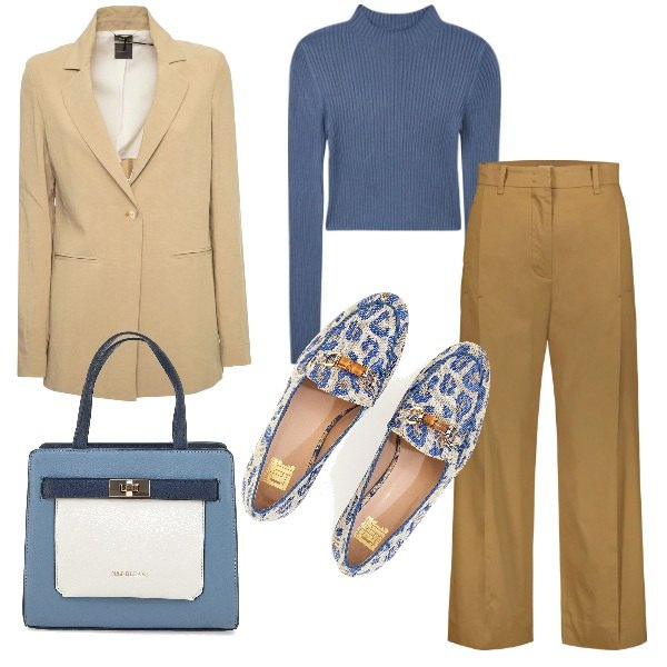 Outfit donna - Taglio classico in ufficio. Stile Casual chic per Ufficio. Abbinamento con pantaloni, maglieria, mocassini, borse a mano, blazer.