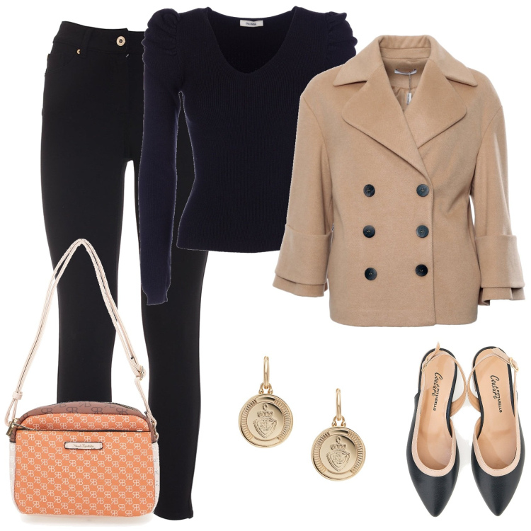 Outfit donna - Un tocco di arancio. Stile Casual chic per Tutti i giorni. Abbinamento con cappotti, maglieria, jeans, orecchini, ballerine, borse a tracolla.