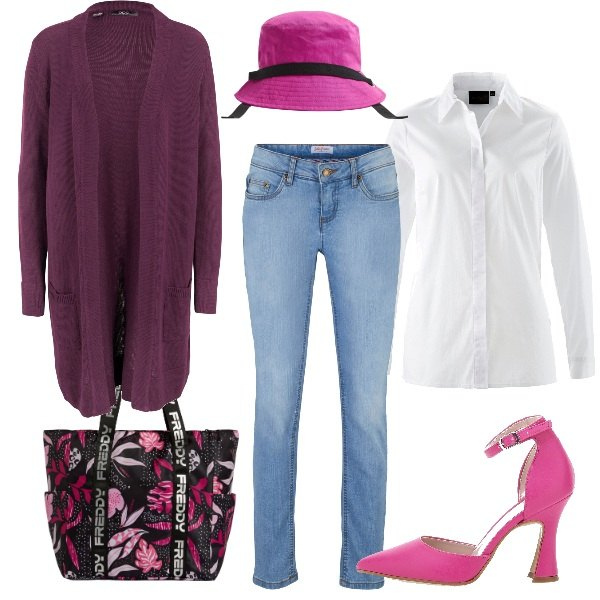 Outfit donna - Accessori in fucsia. Stile Casual per Tutti i giorni. Abbinamento con jeans skinny, camicie, cardigans, cappelli, shopping bag, décolleté.