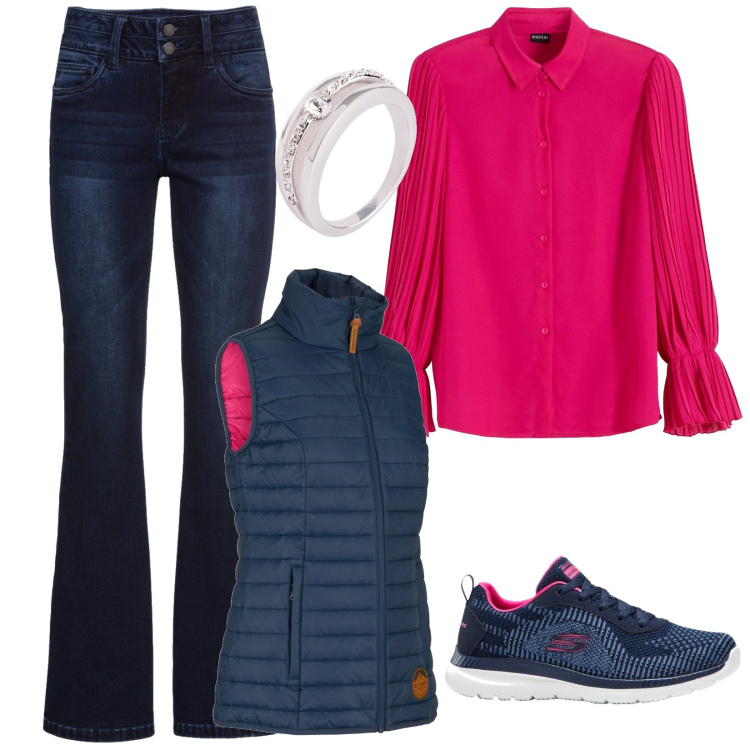 Outfit donna - Serate fresche d\'ottobre. Stile Casual chic per Serata fuori. Abbinamento con jeans bootcut, anelli, camicie, gilet, sneakers.
