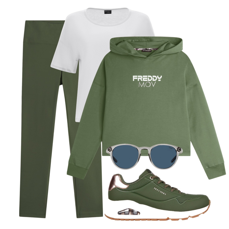 Outfit donna - Green, tempo libero al parco. Stile Casual per Tutti i giorni. Abbinamento con leggings, felpe con cappuccio, t-shirt, occhiali da sole, sneakers.