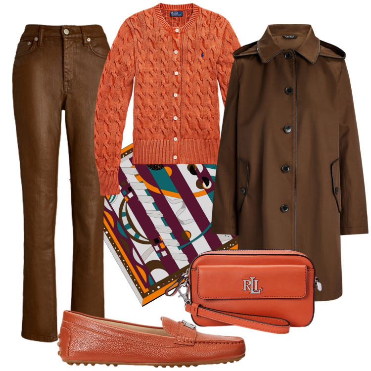 Outfit donna - Arancio ruggine e terracotta. Stile Casual chic per Tutti i giorni. Abbinamento con pochette, jeans dritti, cardigans, cappotti, mocassini, foulard.
